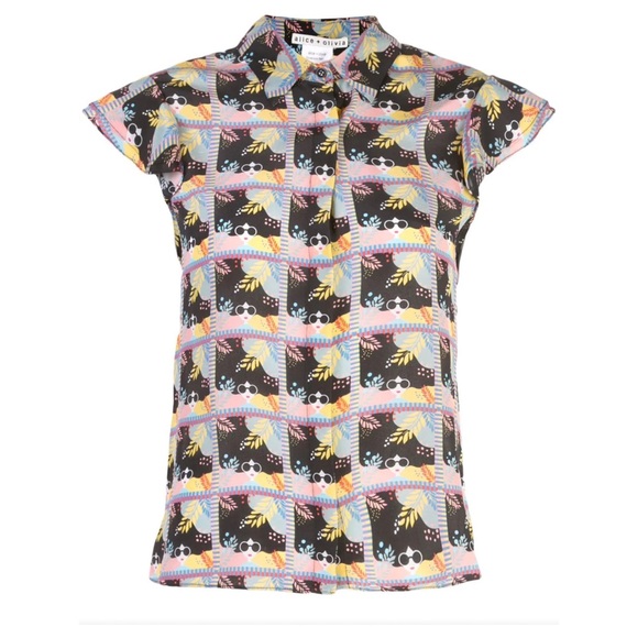 NWT-Alice and Olivia Willa Flutter-Sleeve Silk Top  Face Blouse size M - Picture 1 of 12
